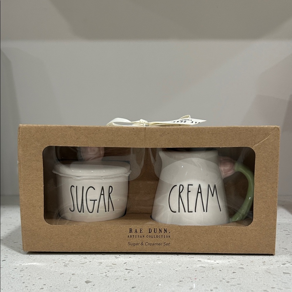 Rae Dunn Sugar & Creamer Set - White with Green And Pink Rose Handle NIB - Picture 6 of 8